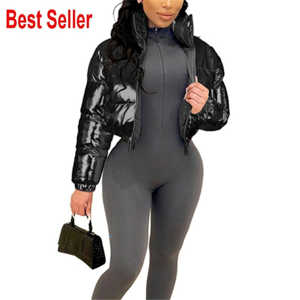 Shiny Cropped Puffer Jacket Stand Neck Winter Down Coat Y2K Chic